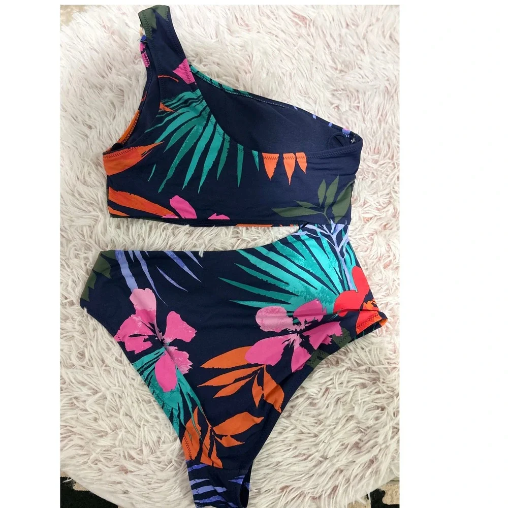 Jessica Simpson One Shoulder Cutout Monokini Womens Size M Navy Floral Swimsuit